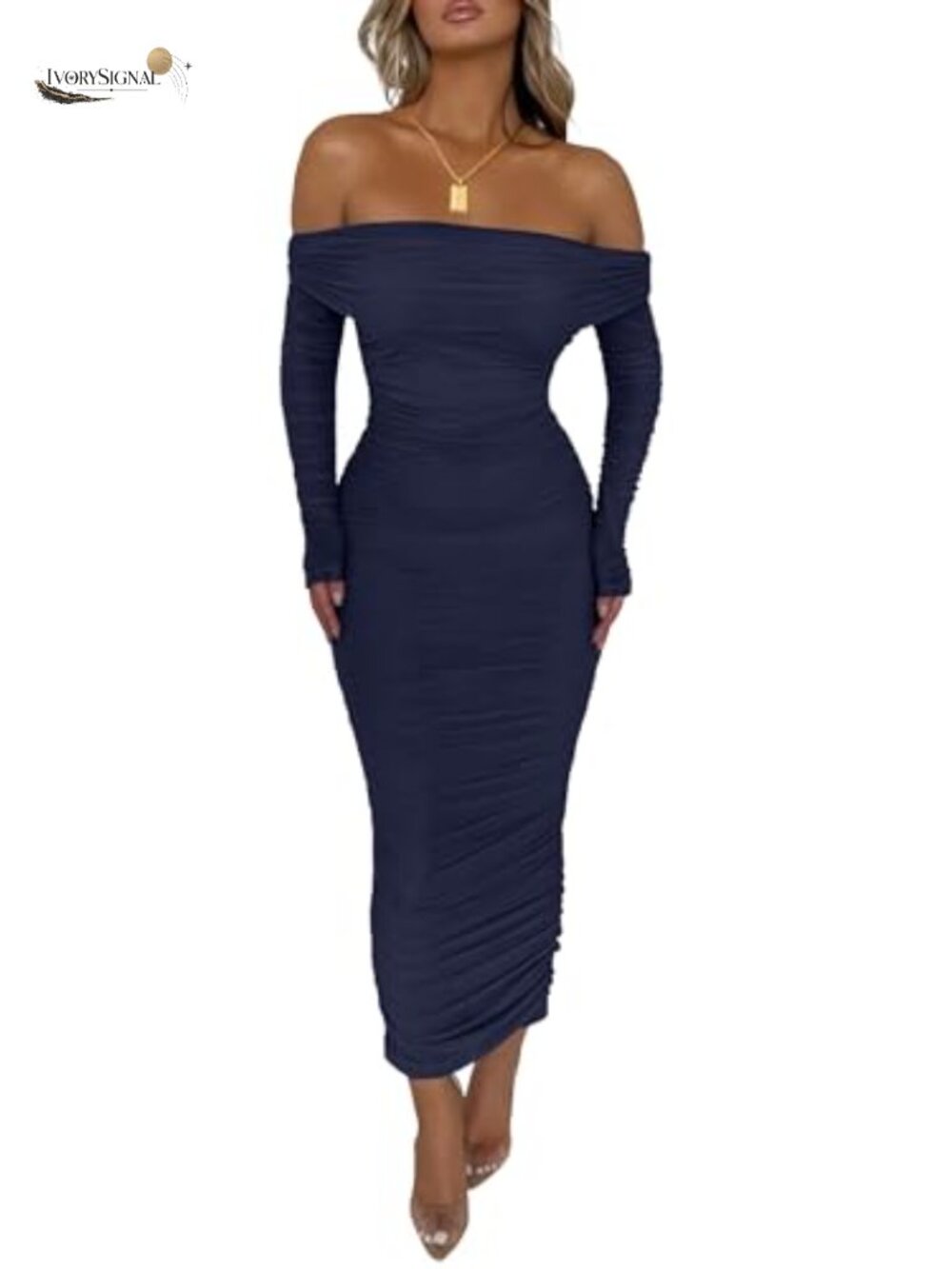 Off Shoulder Bodycon Maxi Dress Long Sleeve Ruched Slit Wedding Guest